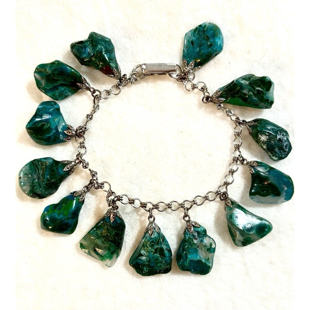 VTG Green Stone Nugget Charm Bracelet Chunky Dangle Statement Boho Artisan